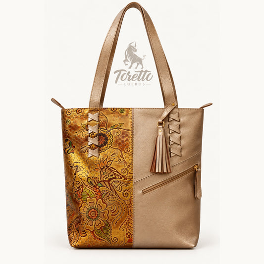Bolso Ambar de Toretto Cueros en cuero dorado con diseño Flor, vista frontal