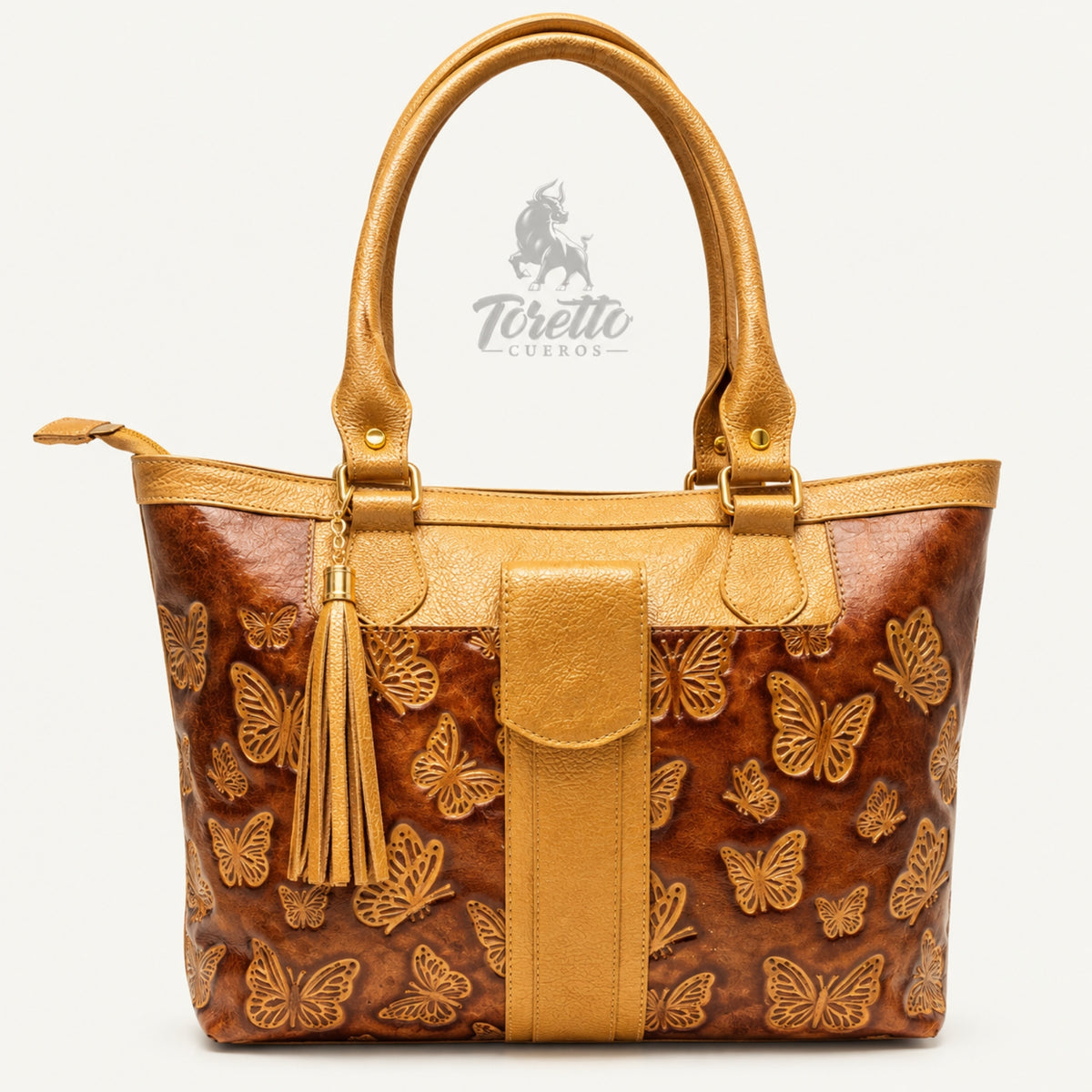 Bolso Aurea de Toretto Cueros en cuero mostaza con diseño Mariposa Visos, vista frontal