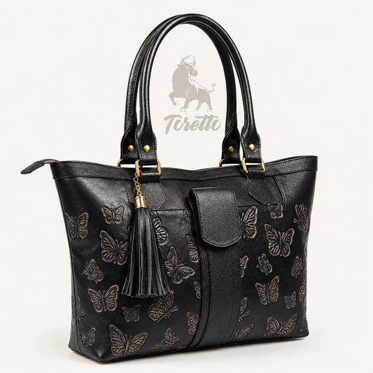Bolso Aurea de Toretto Cueros en cuero negro con diseño Mariposa Visos, vista frontal alternativa