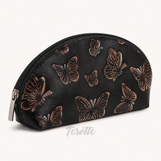 Cosmetiquera Verona de Toretto Cueros en cuero negro con diseño Mariposa Visos, vista frontal alternativa