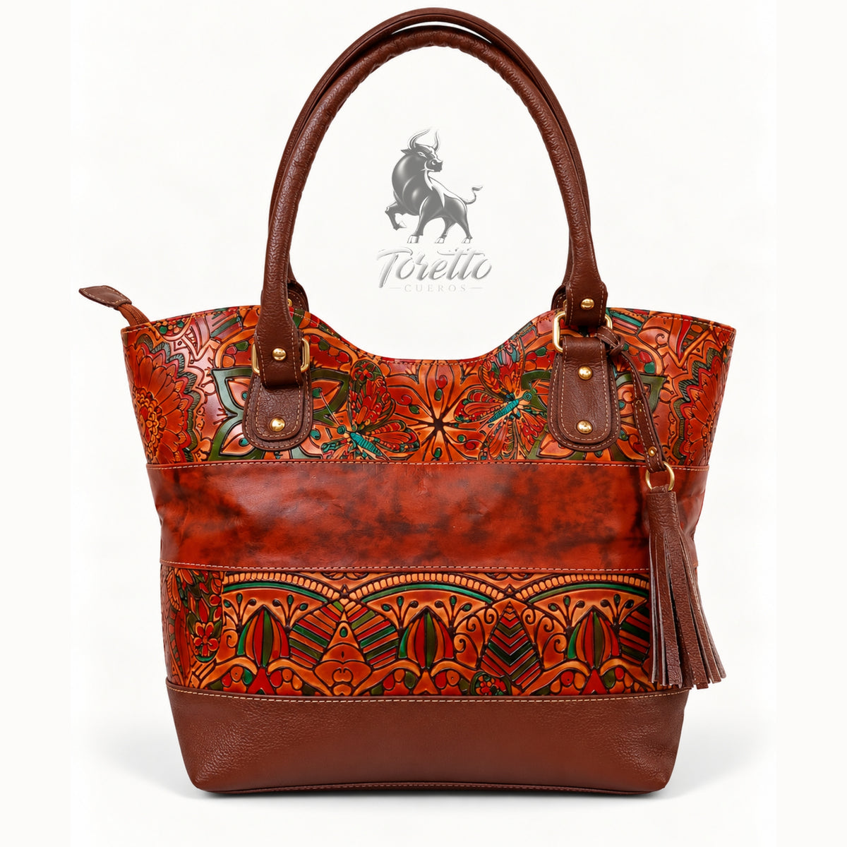 Bolso Altea de Toretto Cueros en cuero conac con diseño flores, vista frontal