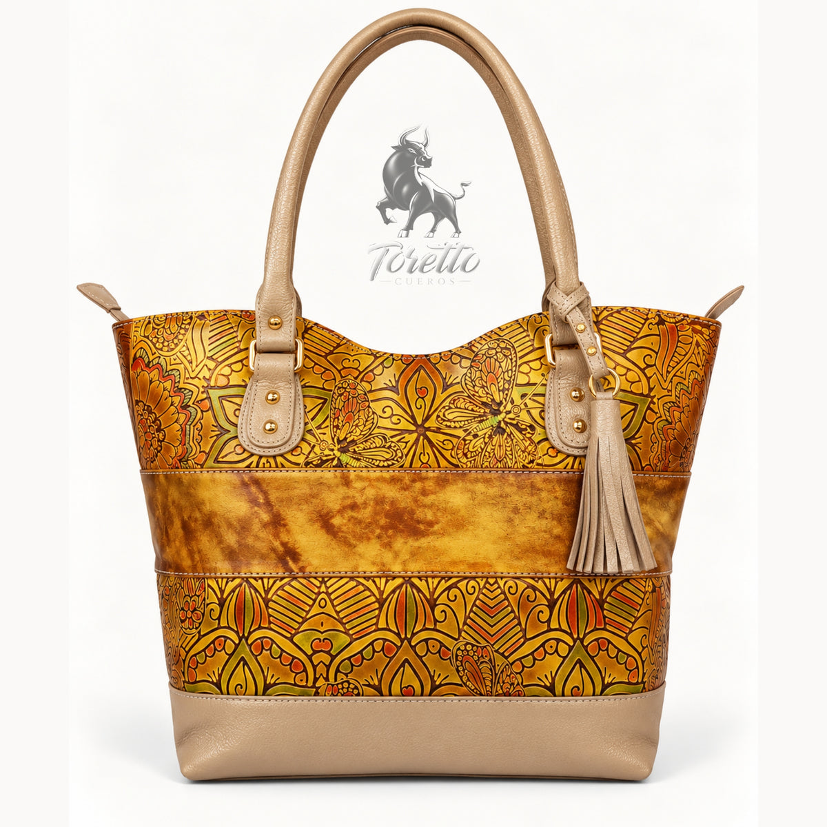 Bolso Altea de Toretto Cueros en cuero dorado con diseño flores, vista frontal
