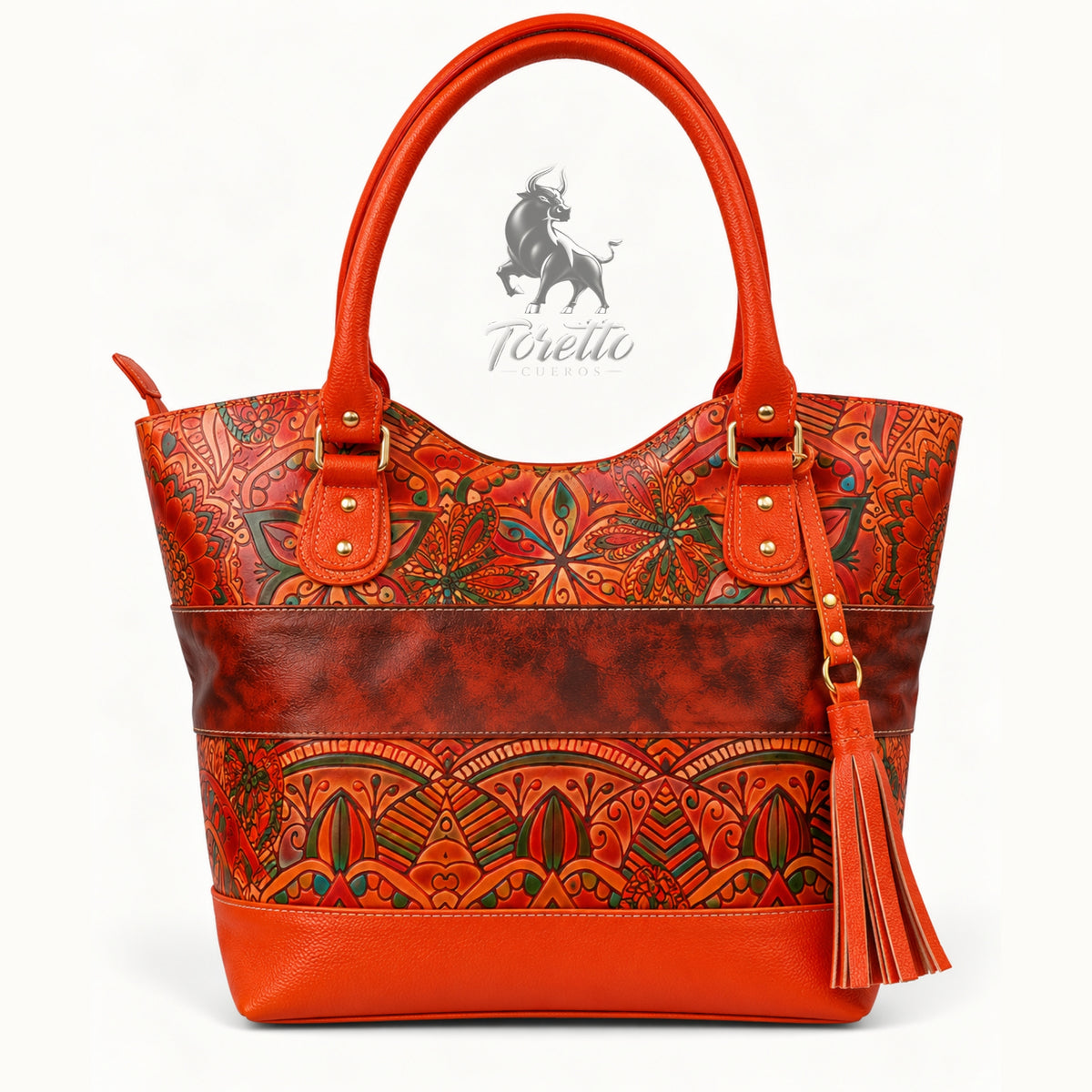 Bolso Altea de Toretto Cueros en cuero naranja con diseño flores, vista frontal