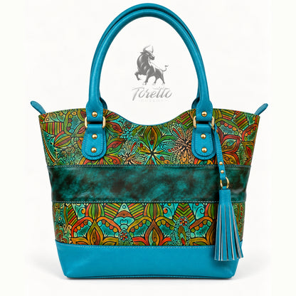 Bolso Altea de Toretto Cueros en cuero turquesa con diseño flores, vista frontal