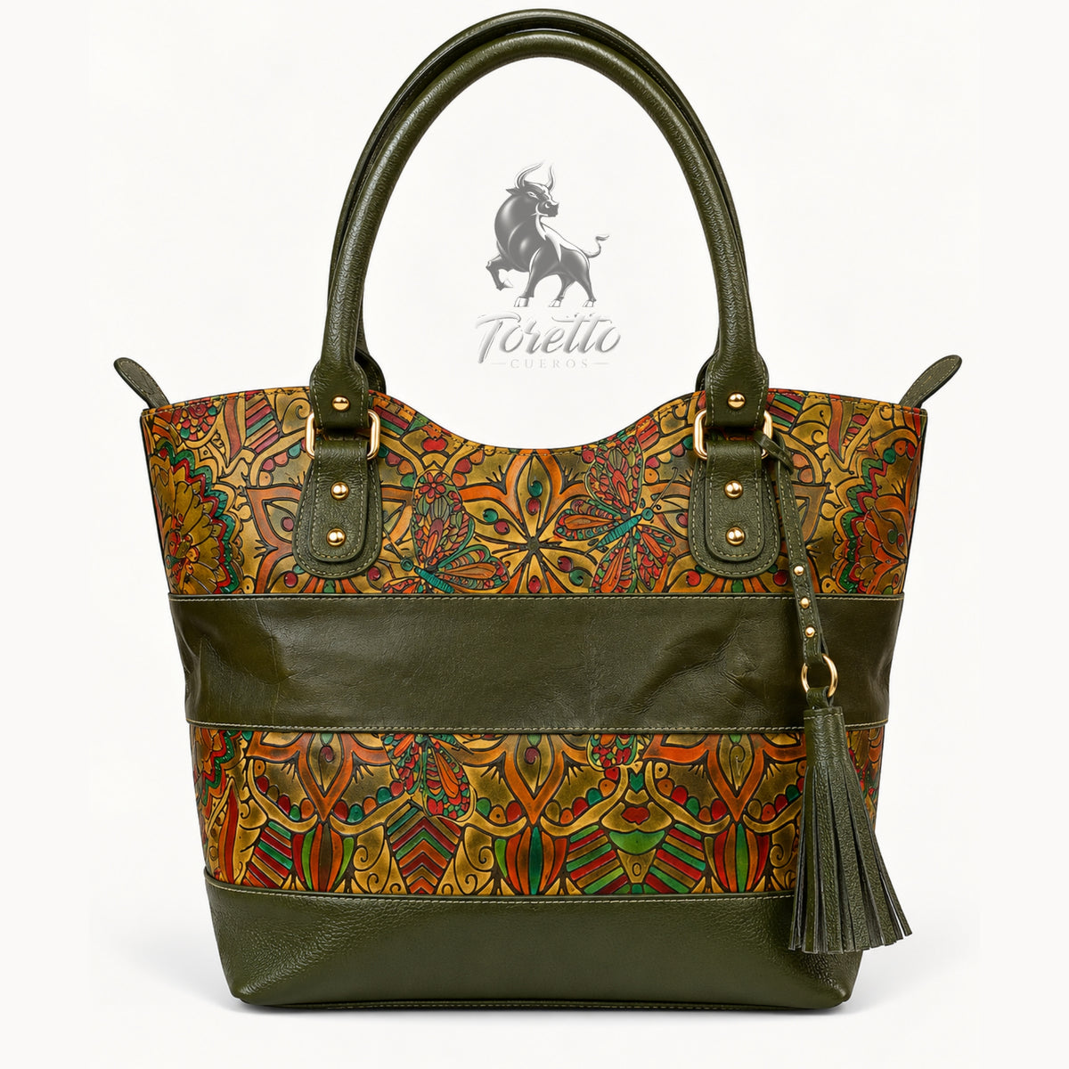 Bolso Altea de Toretto Cueros en cuero verde con diseño flores, vista frontal