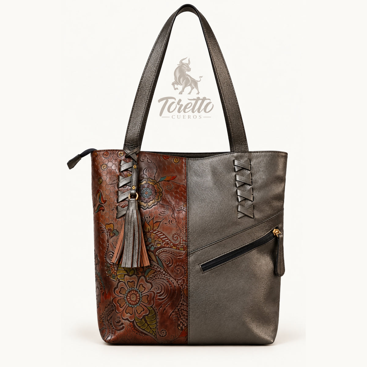 Bolso Ambar de Toretto Cueros en cuero fusil con diseño Flor, vista frontal