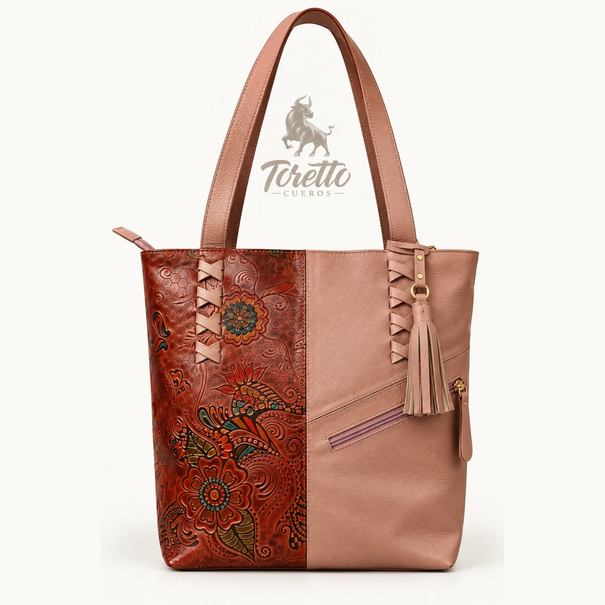 Bolso Ambar de Toretto Cueros en cuero nude con diseño Flor, vista frontal