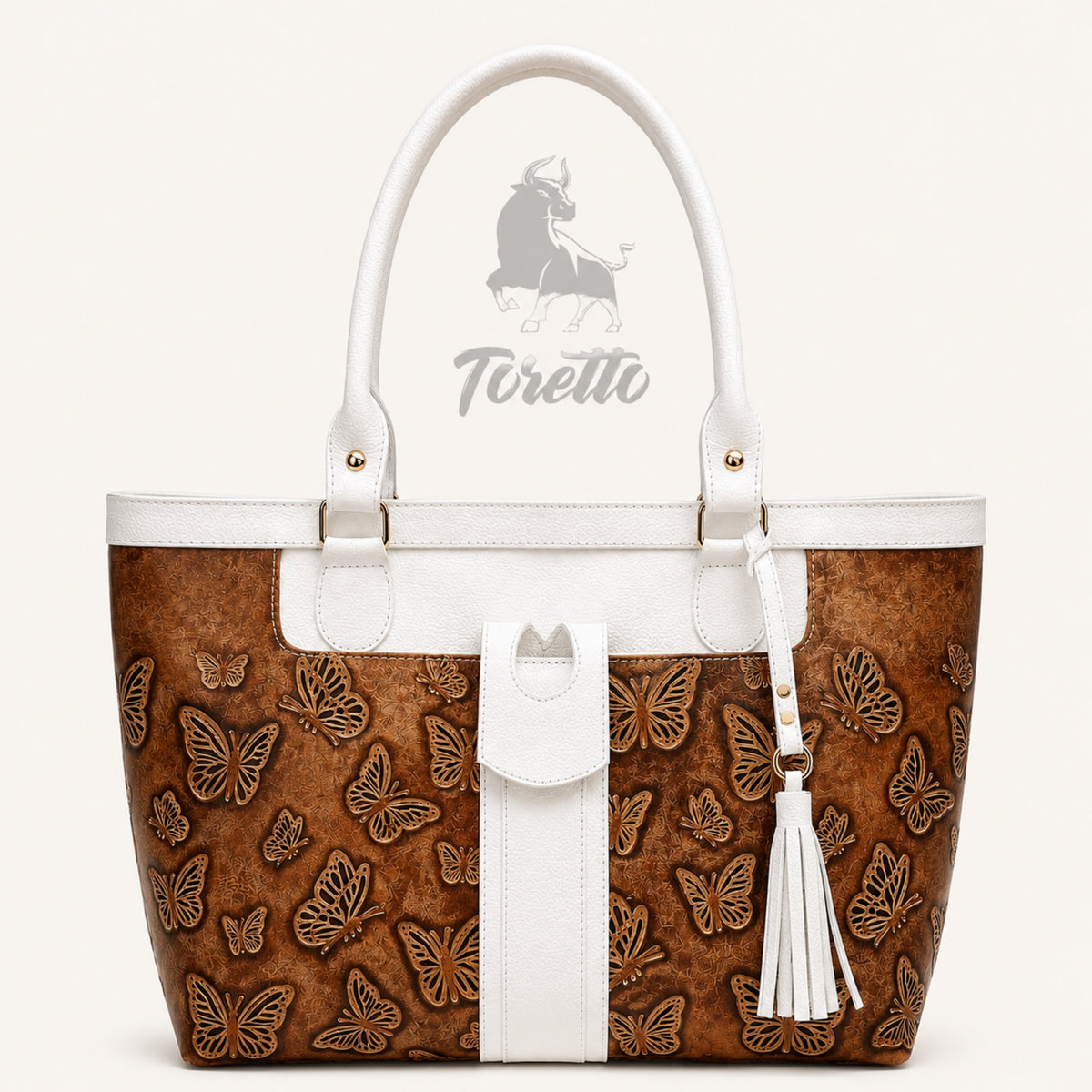 Bolso Aurea de Toretto Cueros en cuero blanco con diseño Mariposa Visos, vista frontal