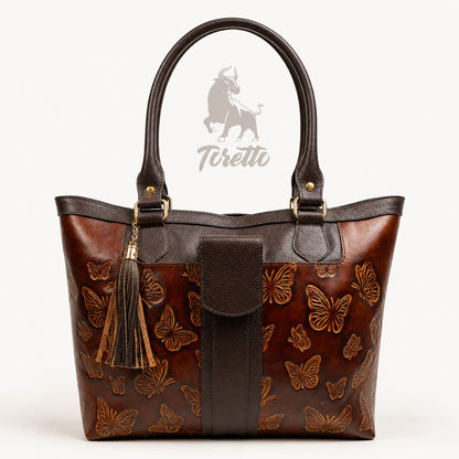 Bolso Aurea de Toretto Cueros en cuero cafe con diseño Mariposa Visos, vista frontal