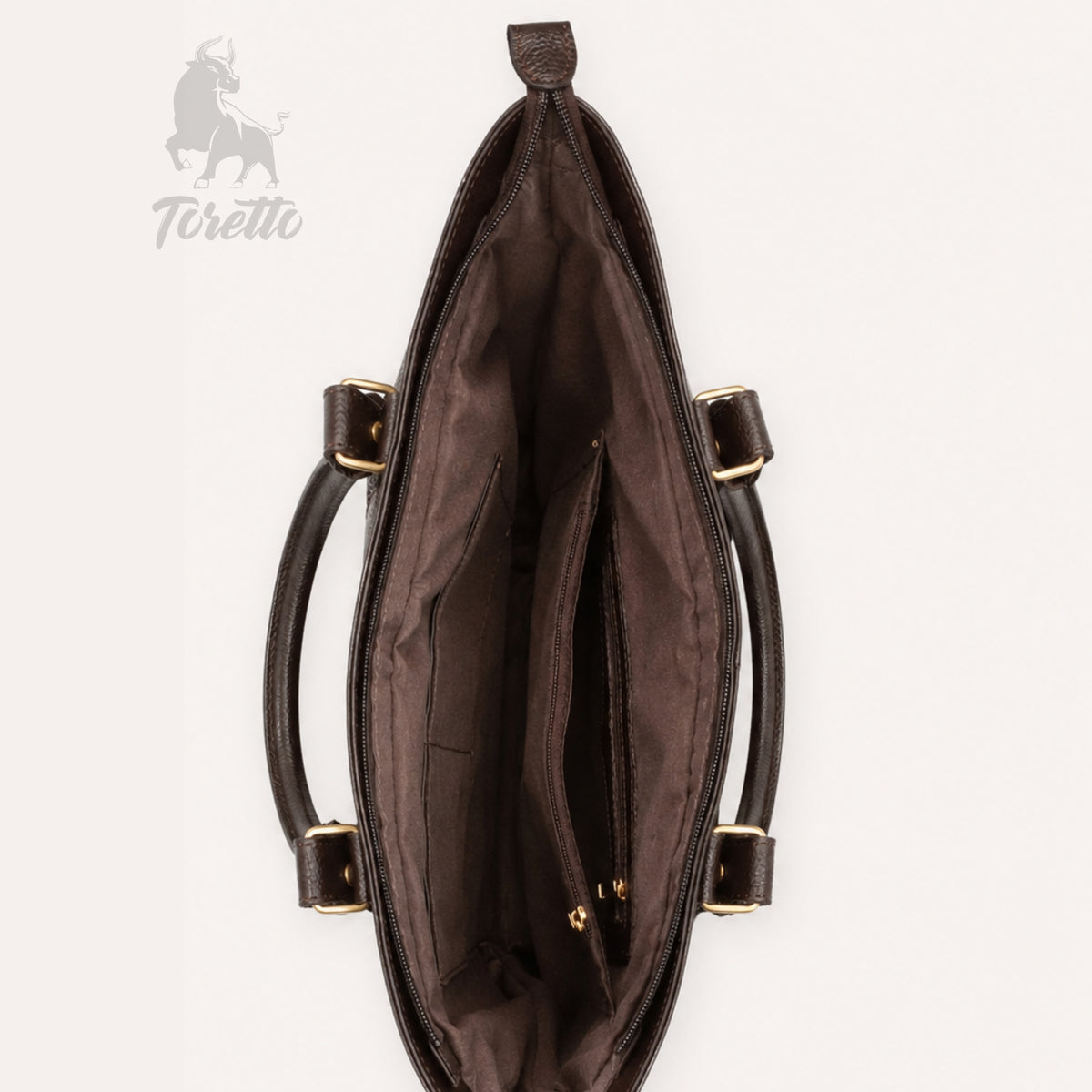 Bolso Aurea de Toretto Cueros en cuero cafe con diseño Mariposa Visos, vista superior abierto