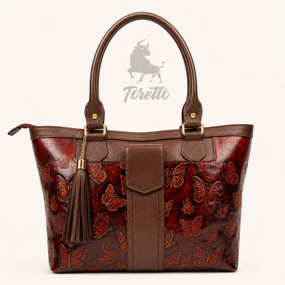 Bolso Aurea de Toretto Cueros en cuero conac con diseño Mariposa Visos, vista frontal