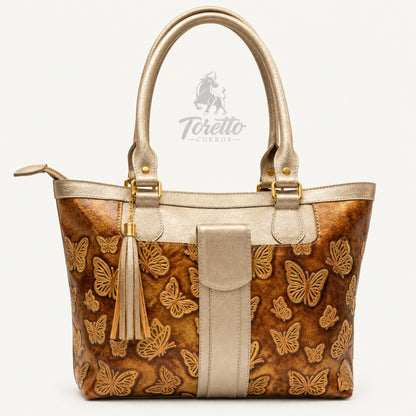 Bolso Aurea de Toretto Cueros en cuero dorado con diseño Mariposa Visos, vista frontal