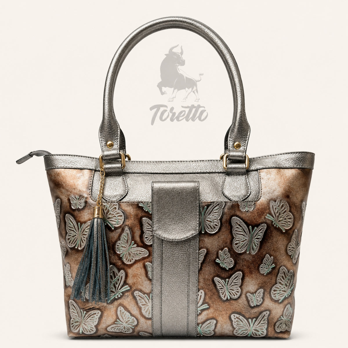 Bolso Aurea de Toretto Cueros en cuero fusil con diseño Mariposa Visos, vista frontal