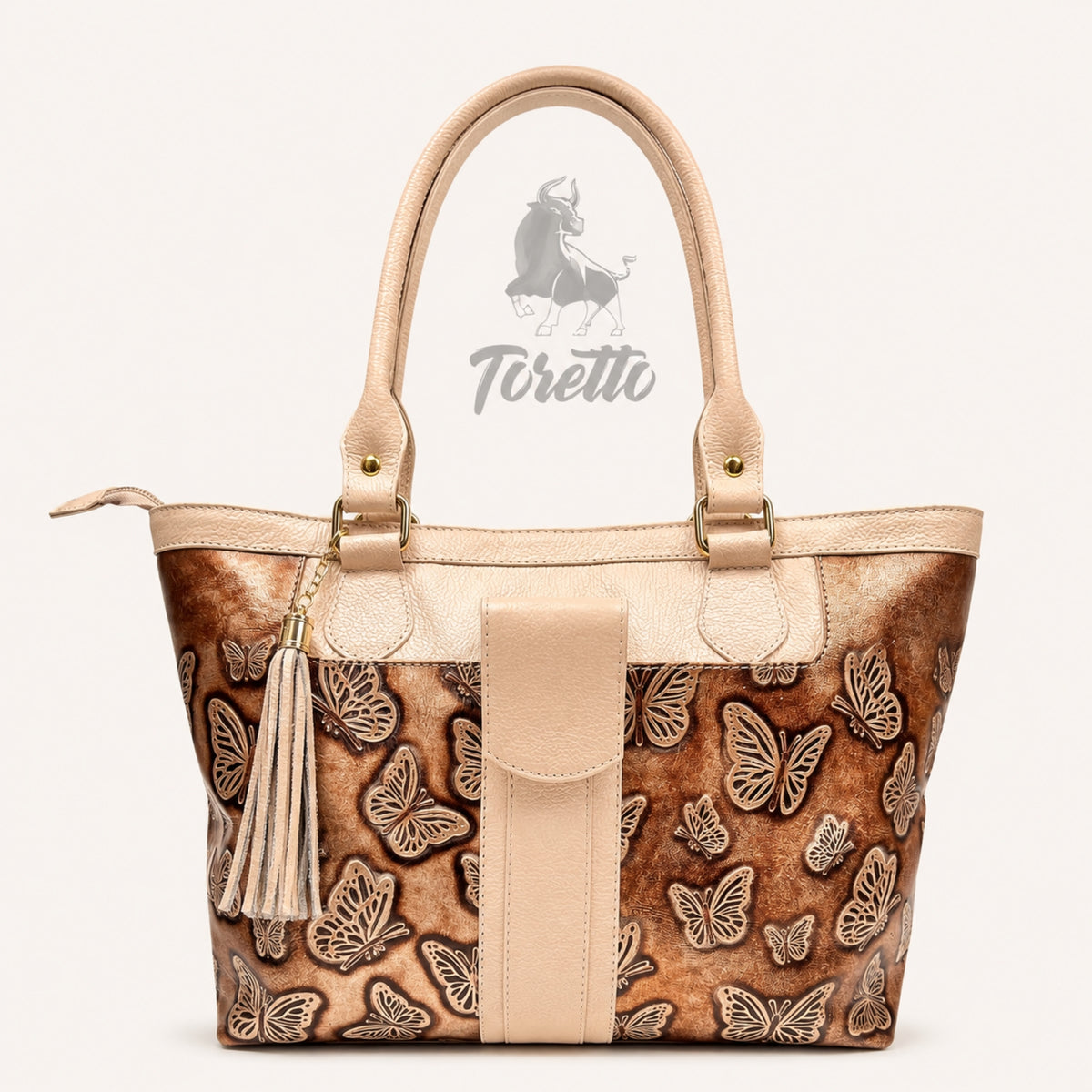 Bolso Aurea de Toretto Cueros en cuero marfil con diseño Mariposa Visos, vista frontal