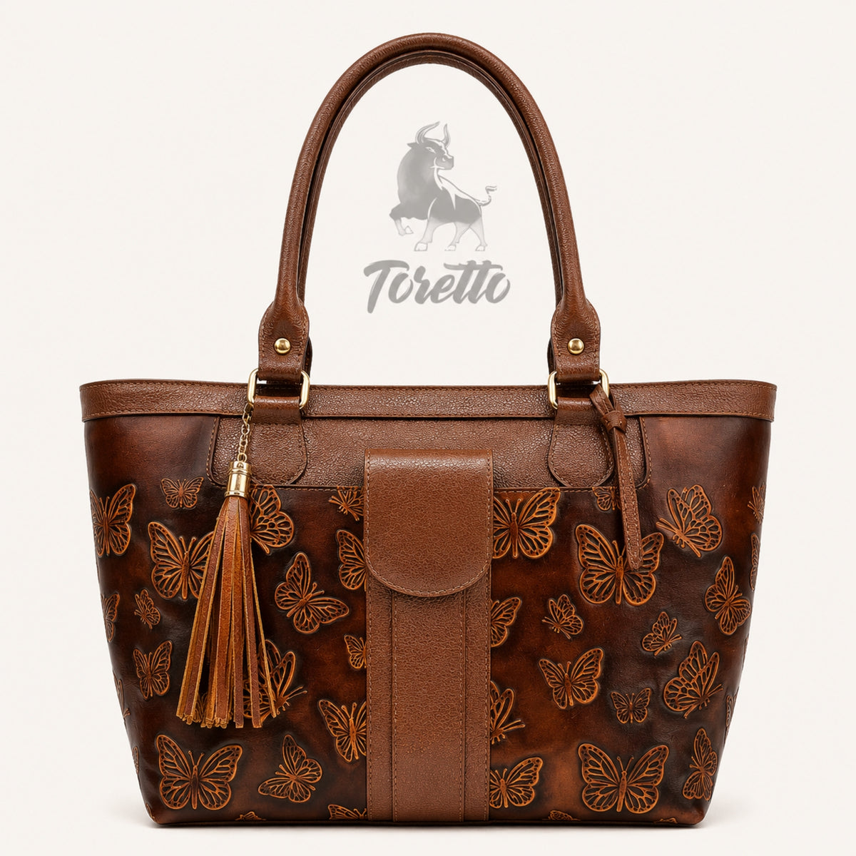 Bolso Aurea de Toretto Cueros en cuero miel con diseño Mariposa Visos, vista frontal