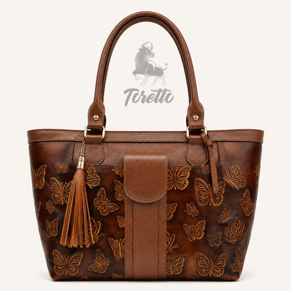 Bolso Aurea de Toretto Cueros en cuero miel con diseño Mariposa Visos, vista frontal