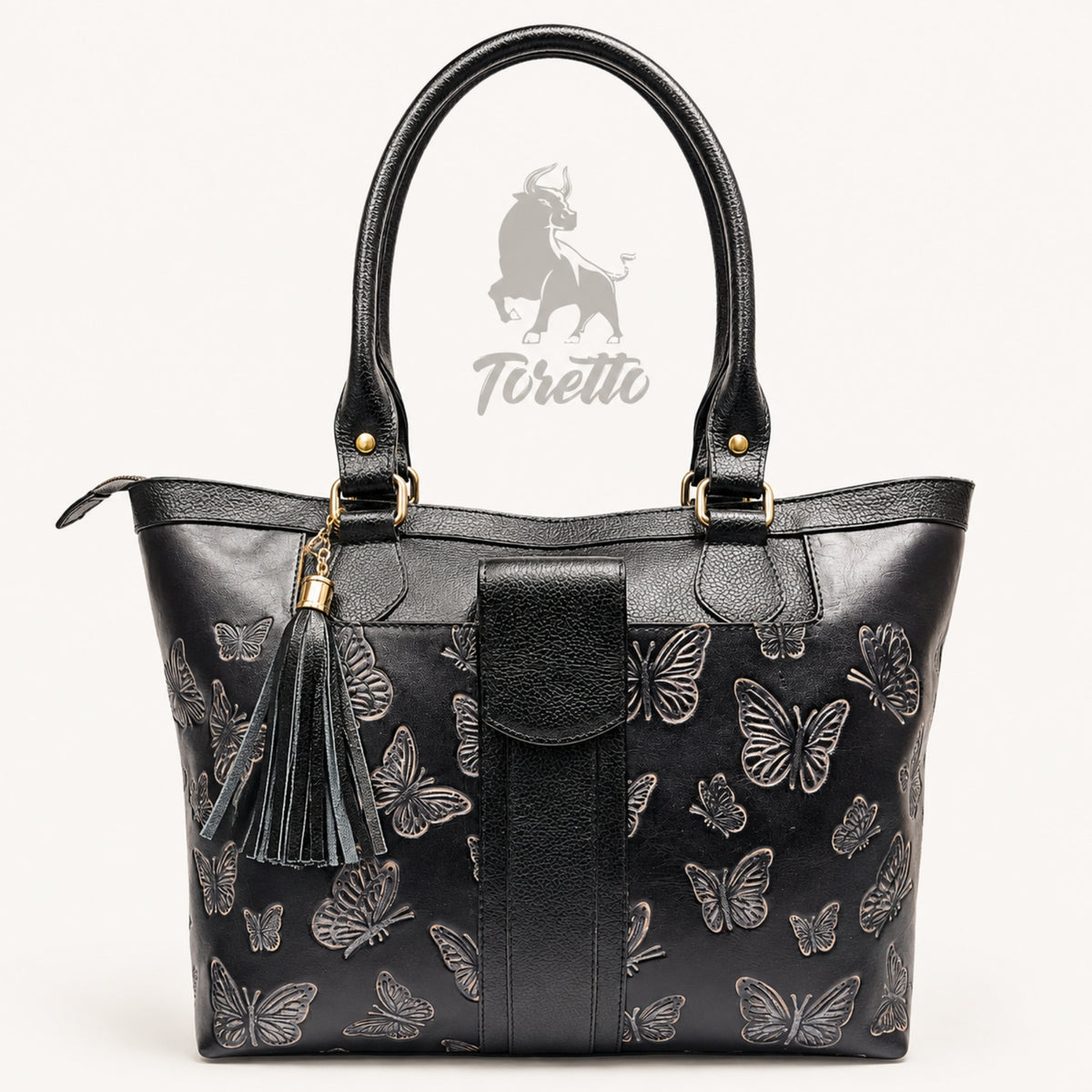 Bolso Aurea de Toretto Cueros en cuero negro con diseño Mariposa Visos, vista frontal