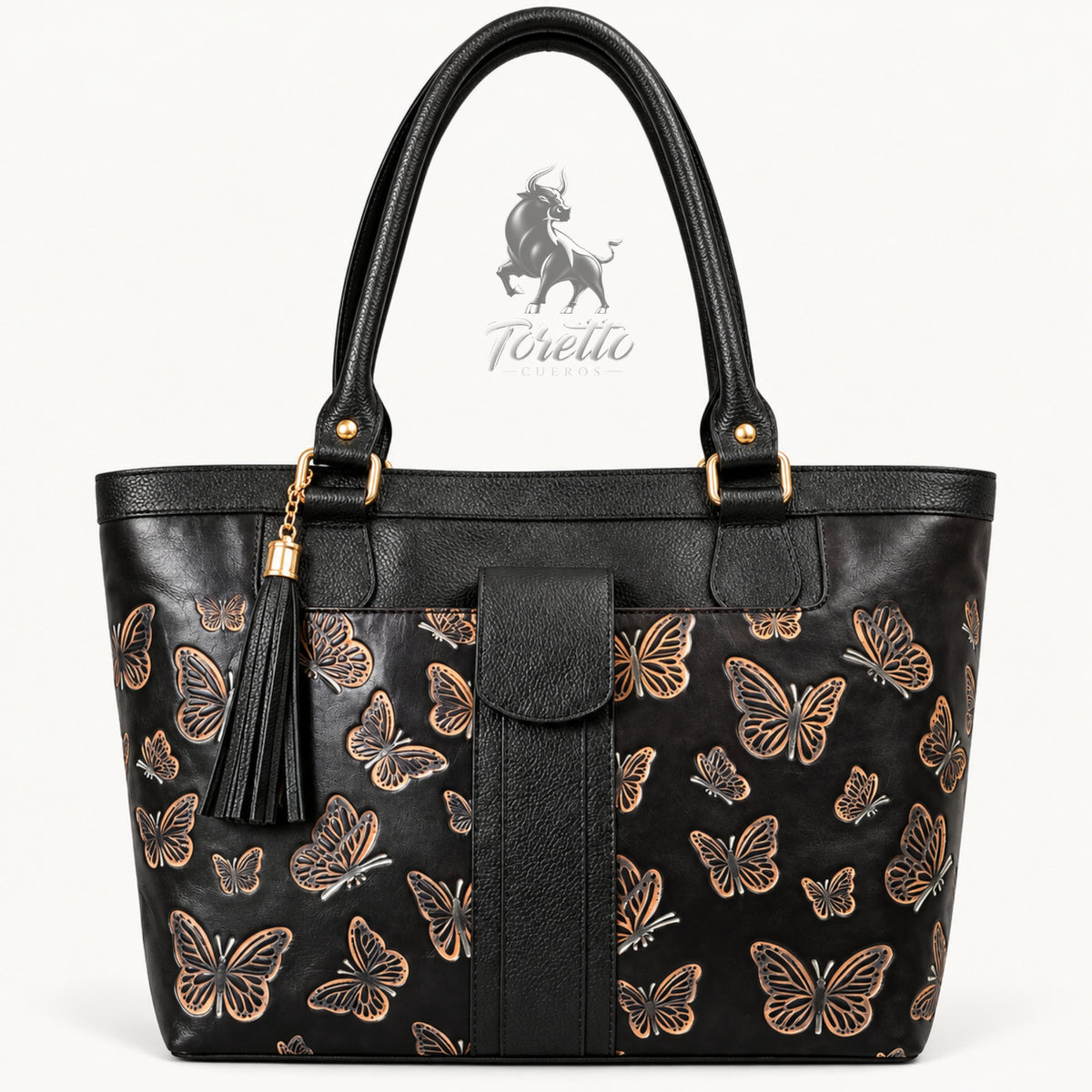 Bolso Aurea de Toretto Cueros en cuero Negro con diseño Mariposa Visos, vista frontal