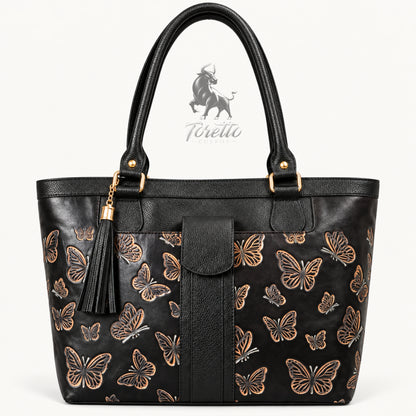 Bolso Aurea de Toretto Cueros en cuero Negro con diseño Mariposa Visos, vista frontal