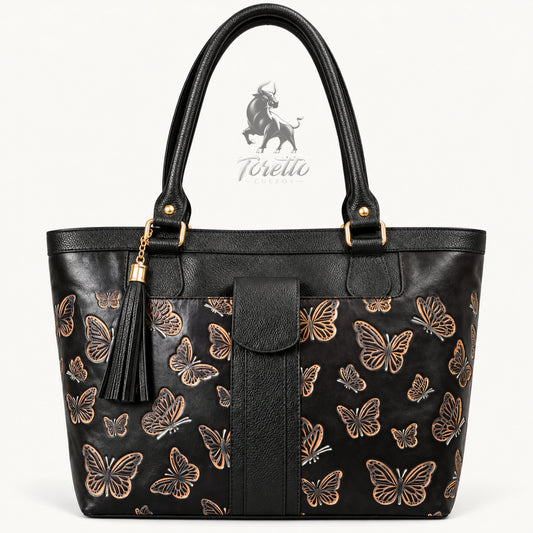 Bolso Aurea de Toretto Cueros en cuero Negro con diseño Mariposa Visos, vista frontal