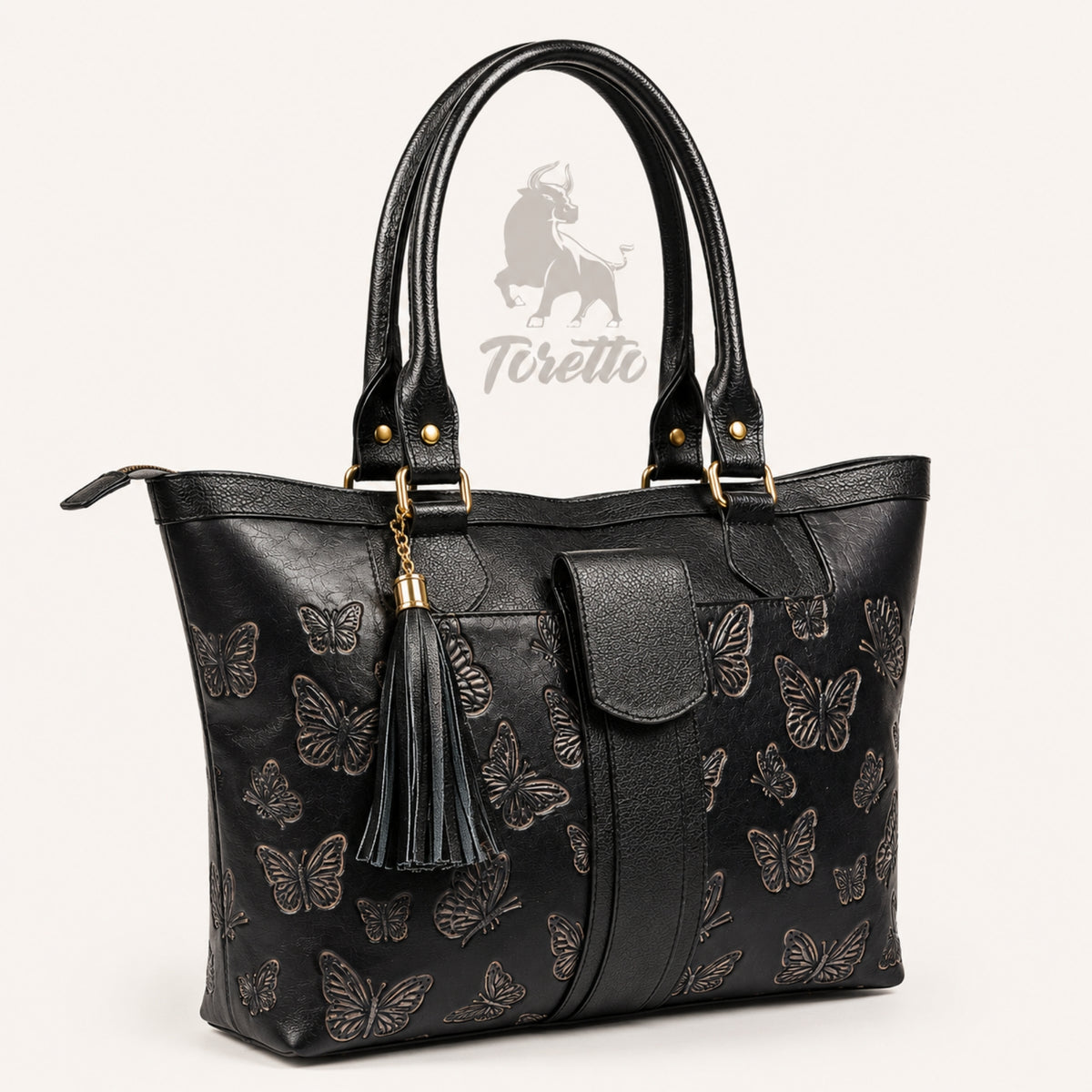 Bolso Aurea de Toretto Cueros en cuero negro con diseño Mariposa Visos, vista frontal alternativa