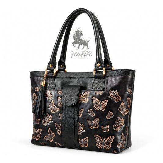 Bolso Aurea de Toretto Cueros en cuero Negro con diseño Mariposa Visos, vista frontal alternativa