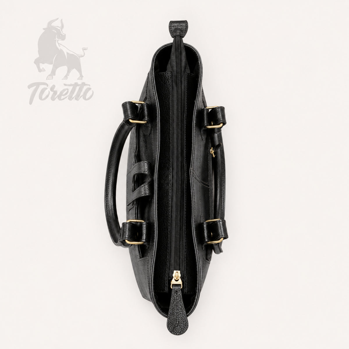 Bolso Aurea de Toretto Cueros en cuero negro con diseño Mariposa Visos, vista superior cerrado