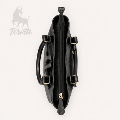 Bolso Aurea de Toretto Cueros en cuero negro con diseño Mariposa Visos, vista superior cerrado