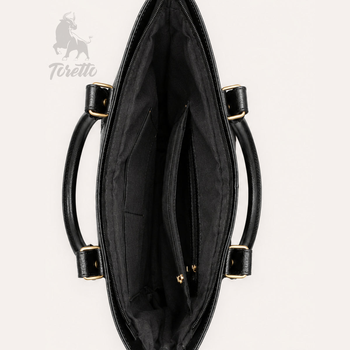 Bolso Aurea de Toretto Cueros en cuero negro con diseño Mariposa Visos, vista superior abierto