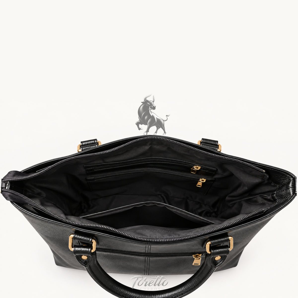 Bolso Aurea de Toretto Cueros en cuero Negro con diseño Mariposa Visos, vista superior abierto
