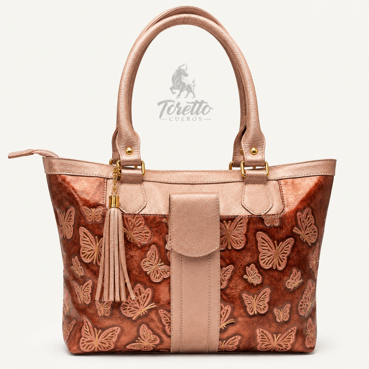 Bolso Aurea de Toretto Cueros en cuero nude con diseño Mariposa Visos, vista frontal