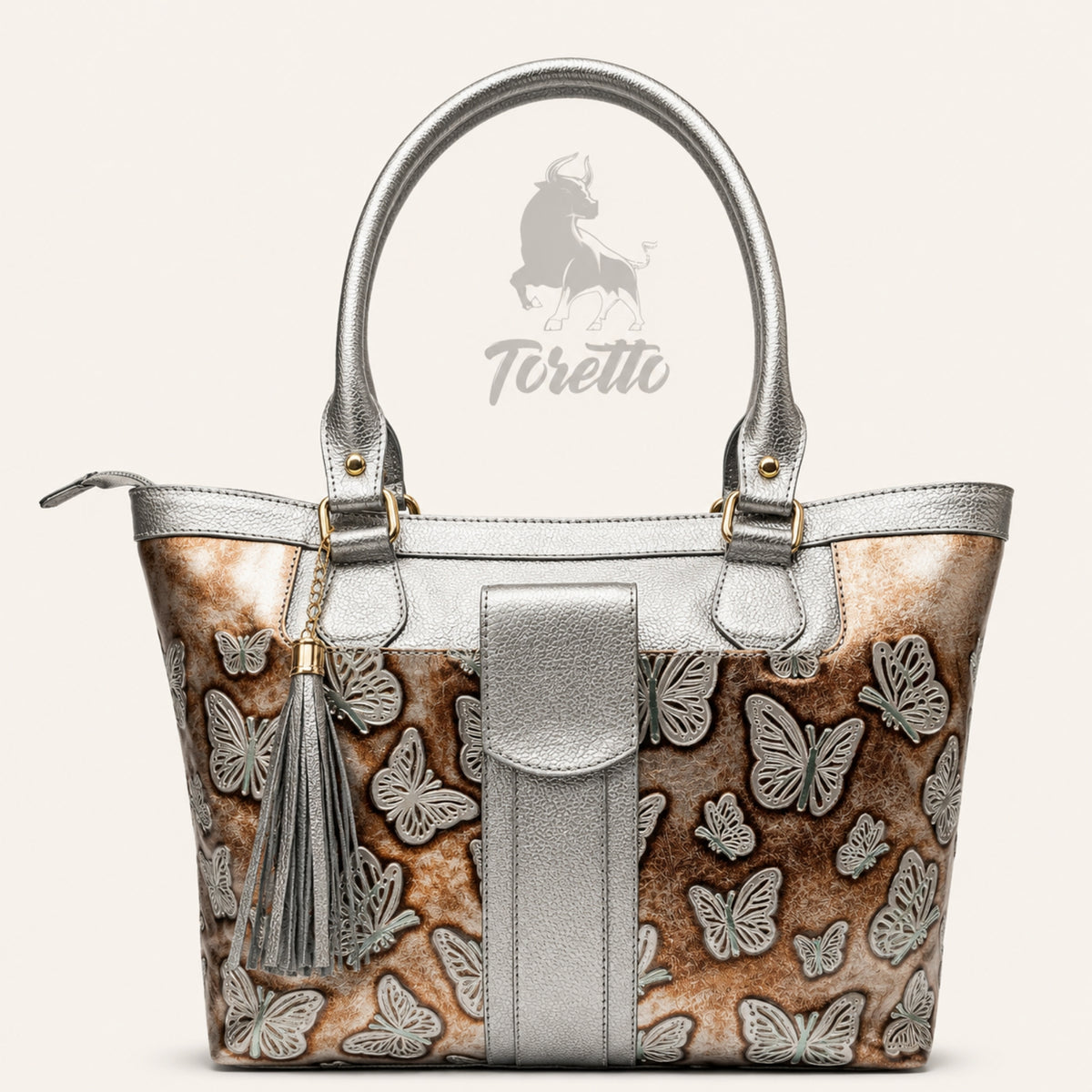 Bolso Aurea de Toretto Cueros en cuero plateado con diseño Mariposa Visos, vista frontal