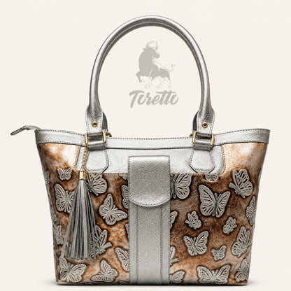 Bolso Aurea de Toretto Cueros en cuero plateado con diseño Mariposa Visos, vista frontal