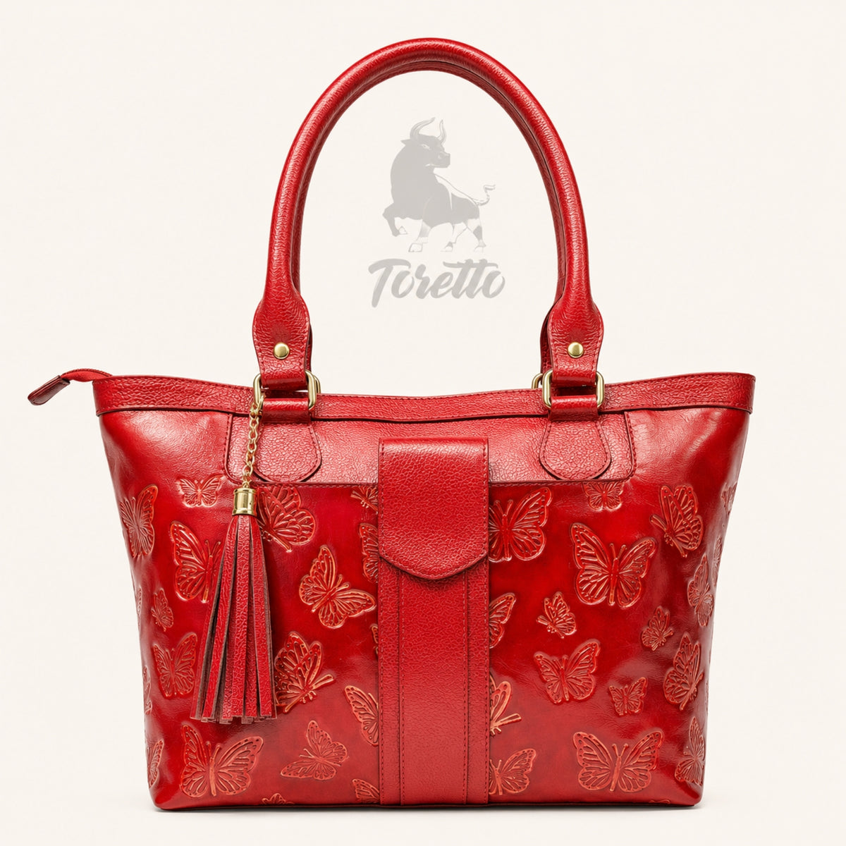 Bolso Aurea de Toretto Cueros en cuero rojo con diseño Mariposa Visos, vista frontal