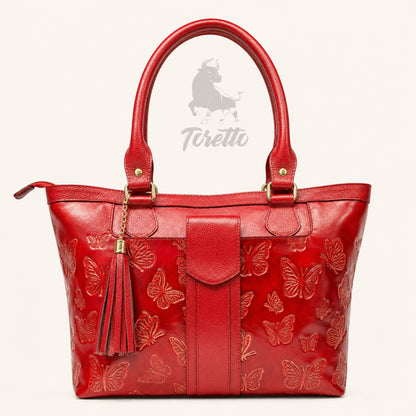 Bolso Aurea de Toretto Cueros en cuero rojo con diseño Mariposa Visos, vista frontal