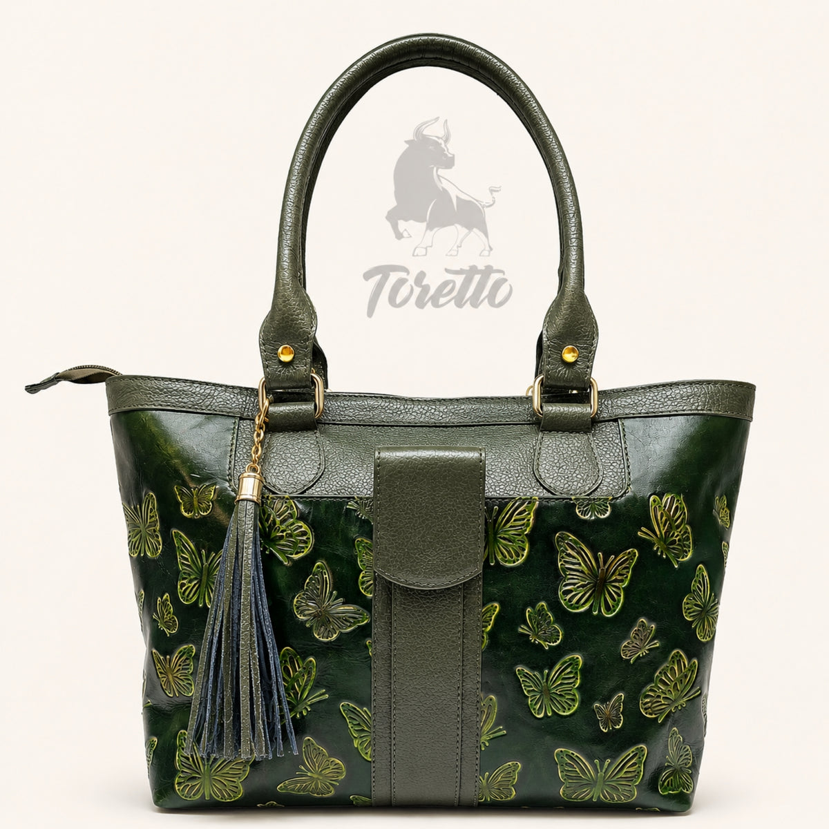 Bolso Aurea de Toretto Cueros en cuero verde con diseño Mariposa Visos, vista frontal