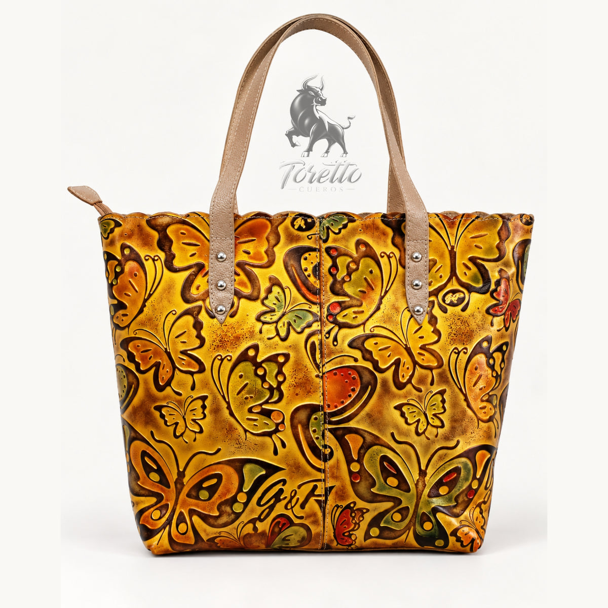 Bolso Cora de Toretto Cueros en cuero Dorado con diseño Mariposas, vista frontal