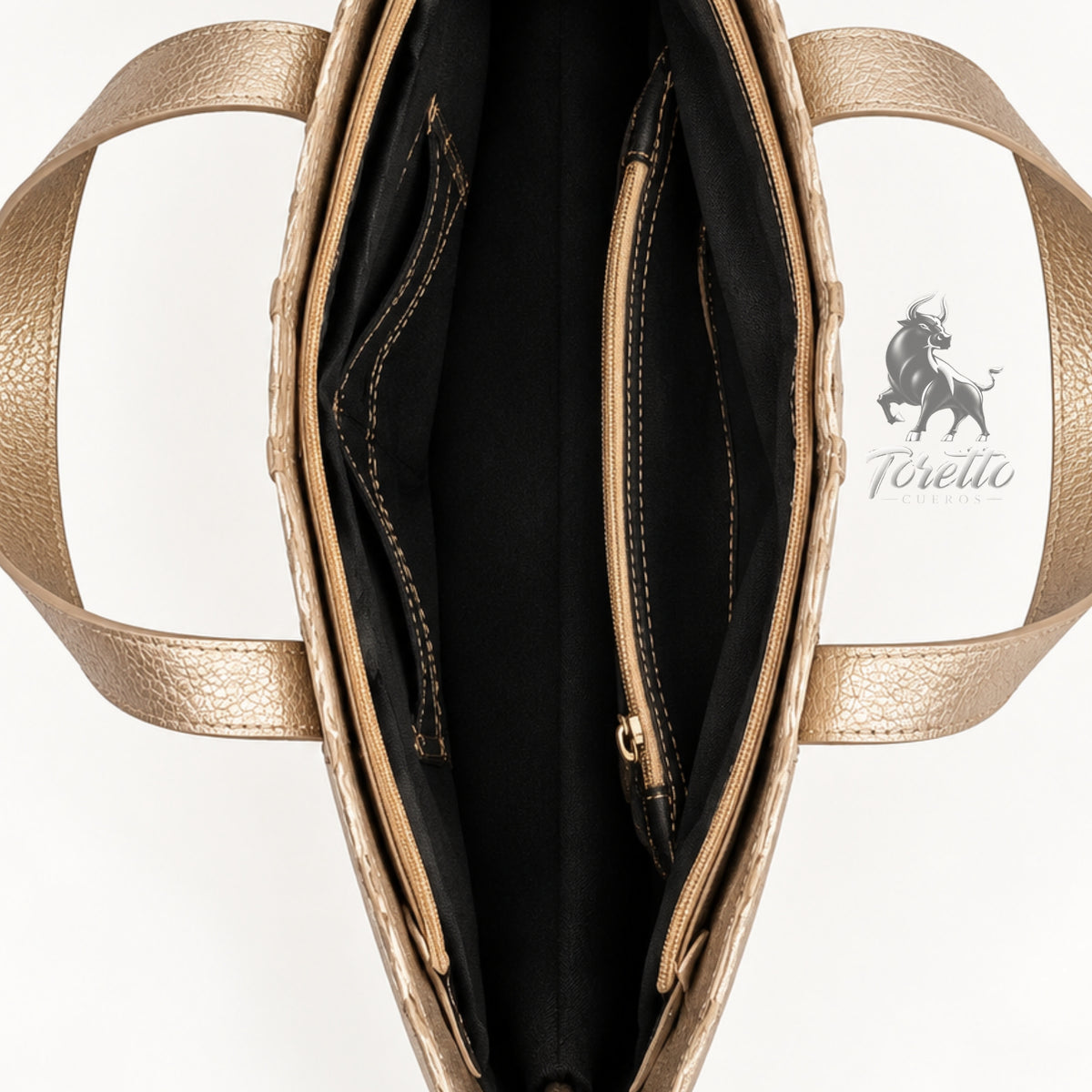 Bolso Cora de Toretto Cueros en cuero dorado con diseño Mariposa Visos, vista superior abierto