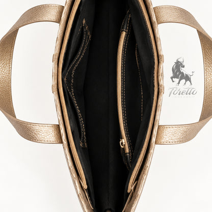 Bolso Cora de Toretto Cueros en cuero dorado con diseño Mariposa Visos, vista superior abierto