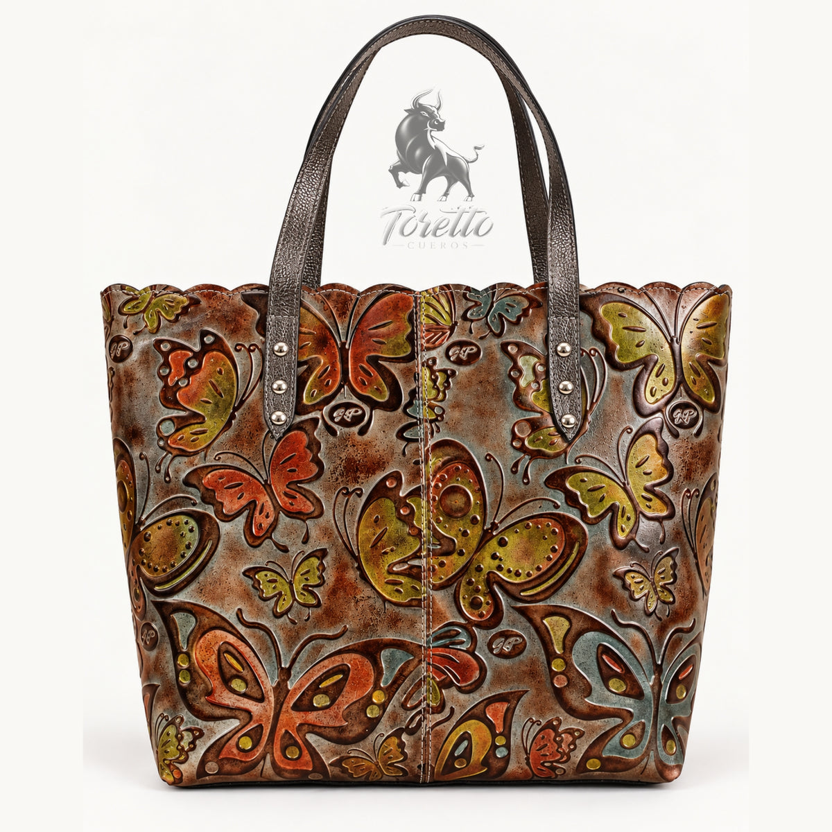 Bolso Cora de Toretto Cueros en cuero fusil con diseño Mariposas, vista frontal