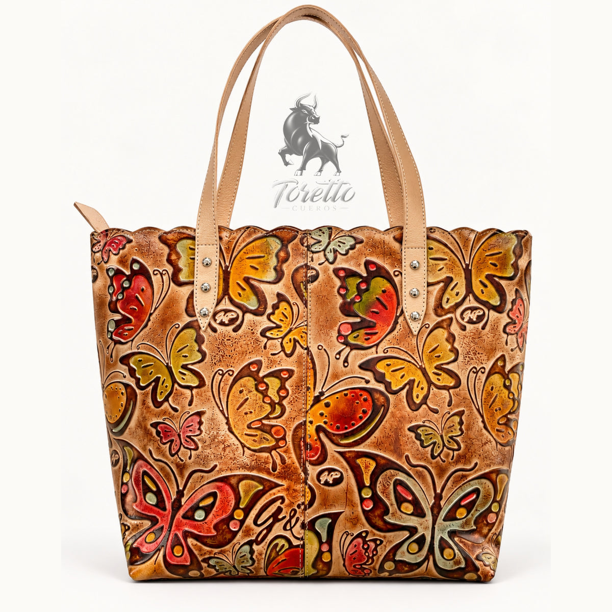 Bolso Cora de Toretto Cueros en cuero marfil con diseño Mariposas, vista frontal