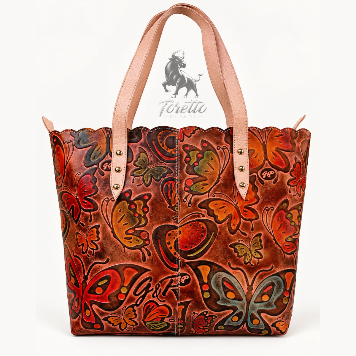 Bolso Cora de Toretto Cueros en cuero nude con diseño Mariposas, vista frontal