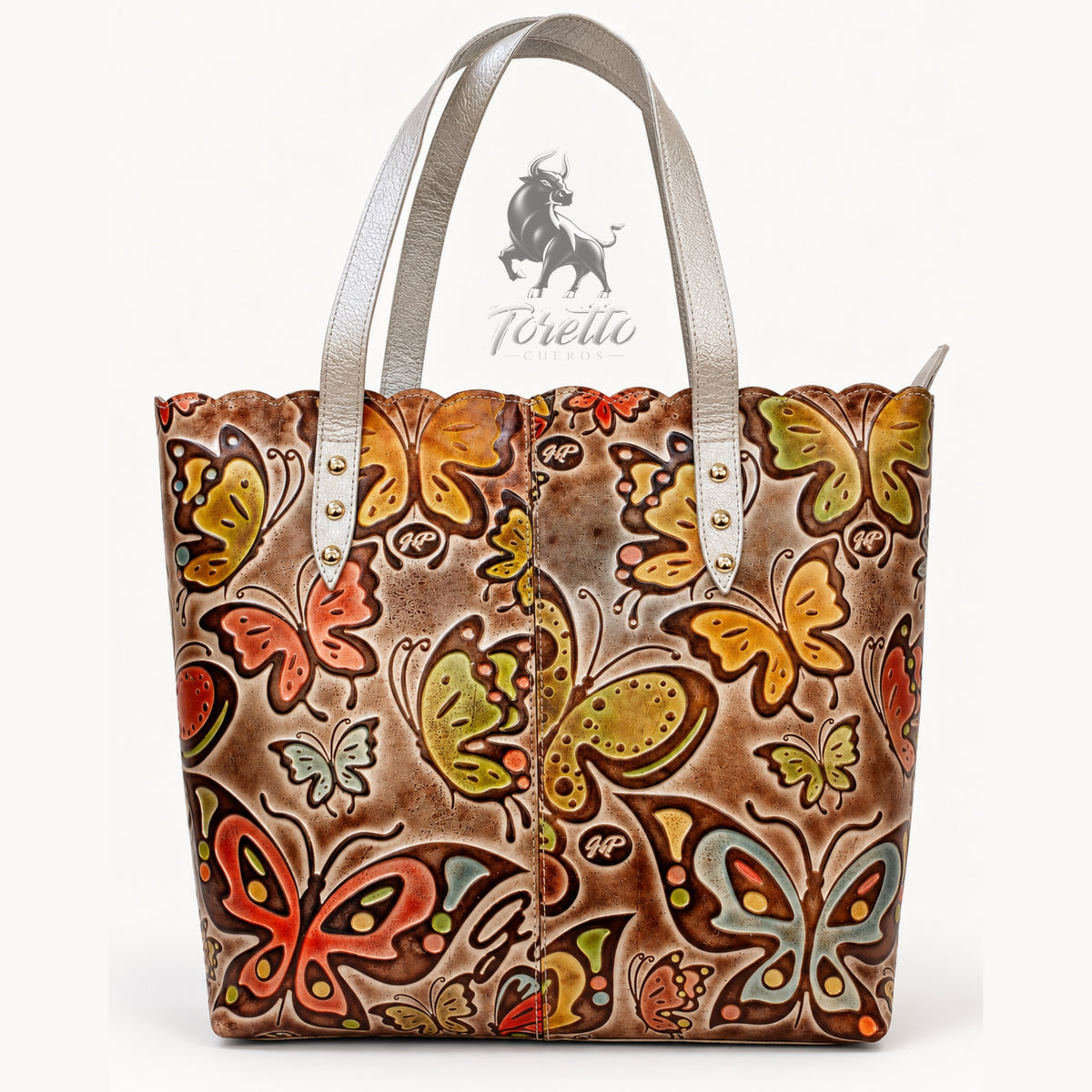 Bolso Cora de Toretto Cueros en cuero plateado con diseño Mariposas, vista frontal