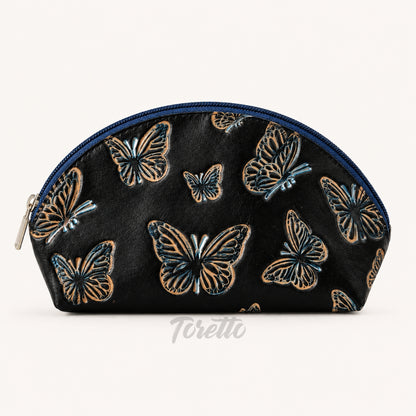 Cosmetiquera Verona de Toretto Cueros en cuero azul con diseño Mariposa Visos, vista frontal