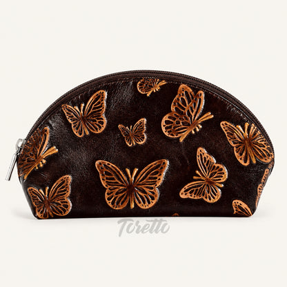 Cosmetiquera Verona de Toretto Cueros en cuero cafe con diseño Mariposa Visos, vista frontal