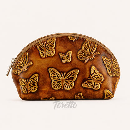 Cosmetiquera Verona de Toretto Cueros en cuero dorado con diseño Mariposa Visos, vista frontal