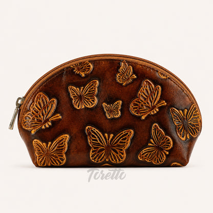 Cosmetiquera Verona de Toretto Cueros en cuero miel con diseño Mariposa Visos, vista frontal