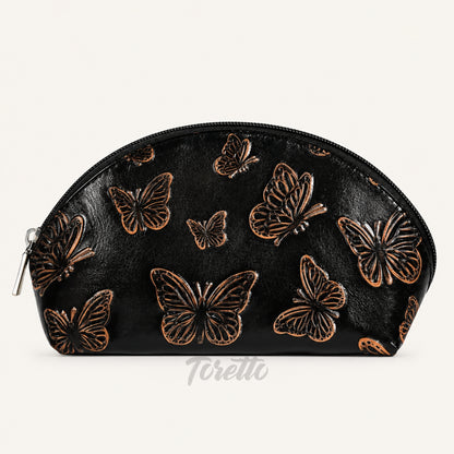 Cosmetiquera Verona de Toretto Cueros en cuero negro con diseño Mariposa Visos, vista frontal