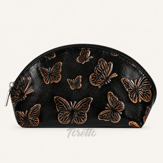 Cosmetiquera Verona de Toretto Cueros en cuero negro con diseño Mariposa Visos, vista frontal