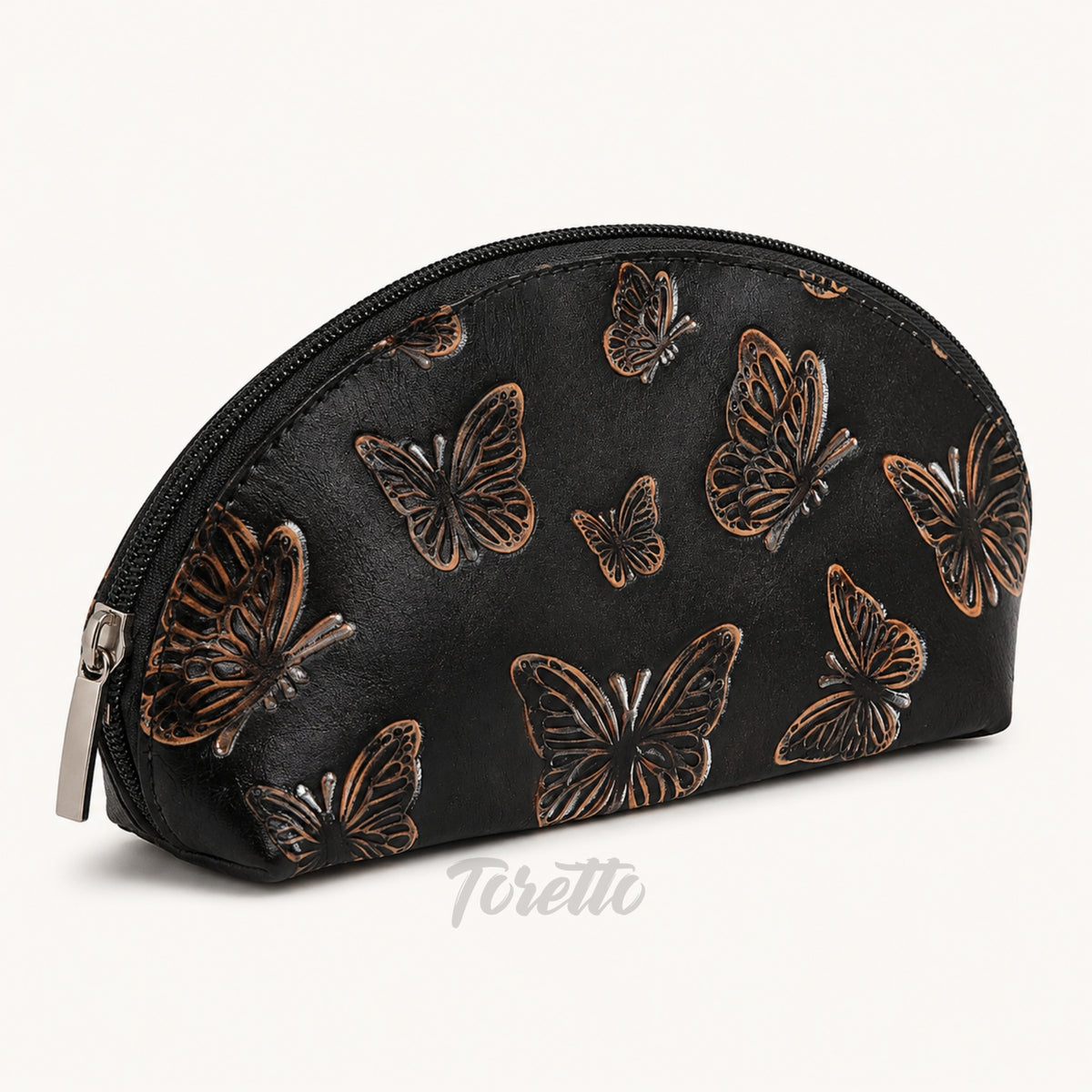 Cosmetiquera Verona de Toretto Cueros en cuero negro con diseño Mariposa Visos, vista frontal alternativa